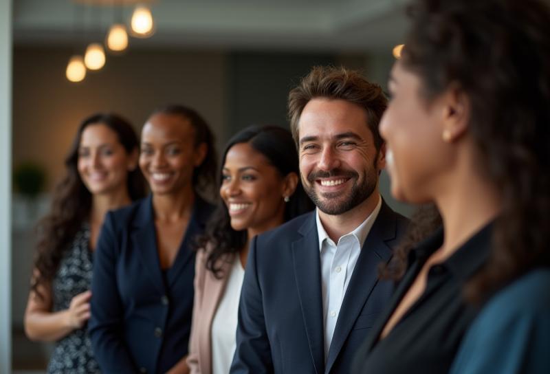 Pinnacle Development Group team smiling and collaborating in a modern office