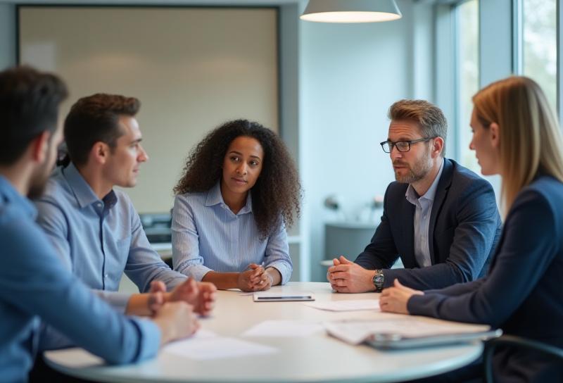 Experts discussing strategy in a meeting room
