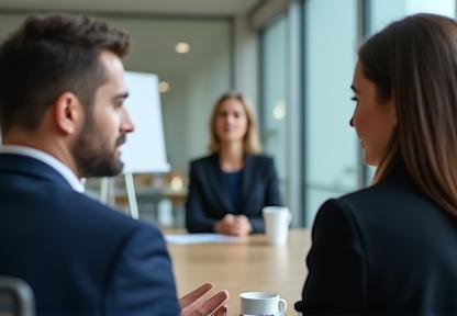 Two people in a professional setting discussing during training